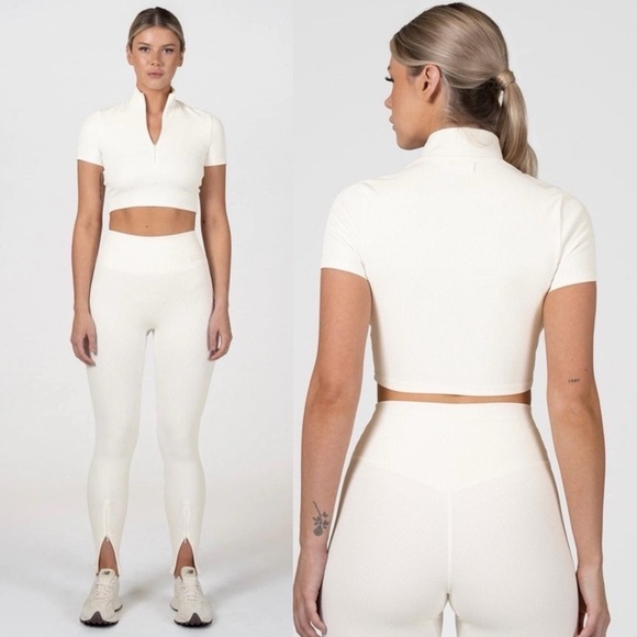 NAMA Toronto ivory ribbed workout set high waist leggings and zip crop top SZ 2X - Picture 1 of 8